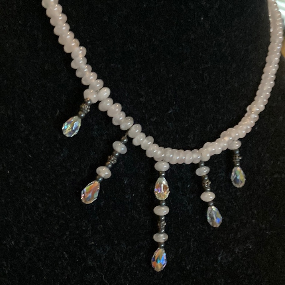 Delicate Light pink  Beaded Necklace with Crystal Drops